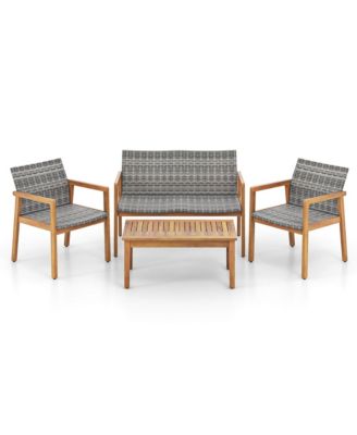 5 PCS Outdoor Furniture Set Rattan Chairs & Ottomans with Glass Topped Coffee Table