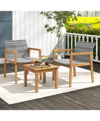 3 PCS Outdoor Furniture Set, Acacia Wood Frame Sofa Set with Rattan Seat