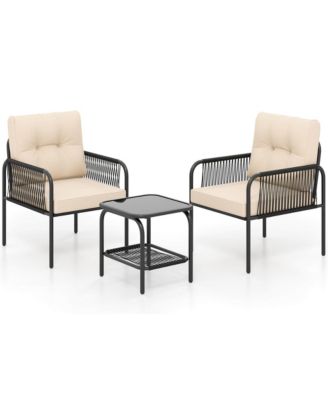 3 PCS Patio Bistro Set with Tempered Glass Table Chairs Back and Seat Cushions