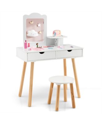 Kid Vanity Table Chair Set with Mirror Large Storage Drawers Wooden Legs