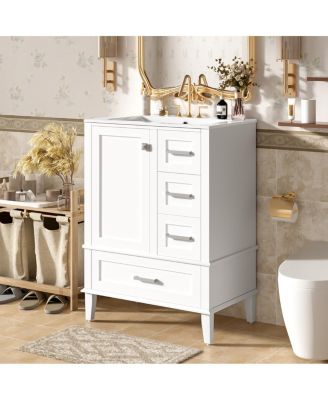 24.8" Bathroom Vanity with Ceramic Sink, Modern Freestanding Solid Wood MDF Cabinet, 3 Drawers Soft Close Door for Small Spaces