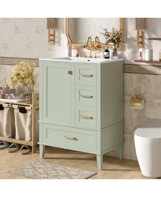 24.8" Bathroom Vanity with Ceramic Sink, Modern Freestanding Solid Wood MDF Cabinet, 3 Drawers Soft Close Door for Small Spaces