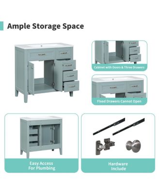 36"  Bathroom Vanity with Ceramic Sink, Solid Wood Frame, Storage Cabinet & Drawers for Modern Home