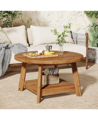 Solid Wood Round Coffee Table for Living Room, 31.5” Farmhouse Wooden 2-Tier Circle Center Cocktail Accent Table