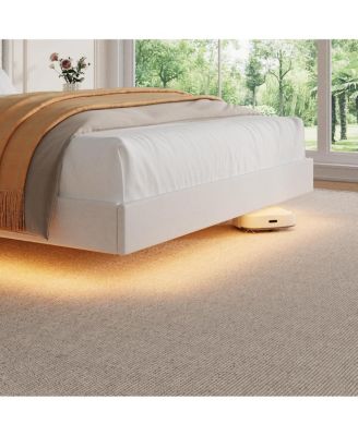 Wood Storage & LED Light Floating Bed Frame with Velvet Upholstered Wingback Headboard