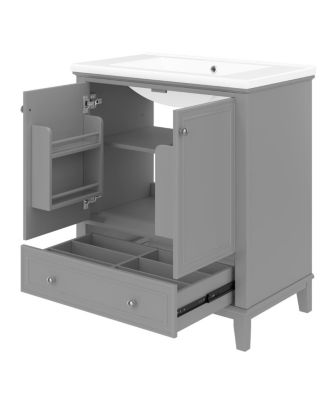 Bathroom Vanity with Ceramic Sink, Adjustable Shelf, Multi-Functional Storage, Solid Wood & MDF