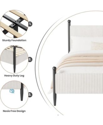 Full Bed Frame with Velvet Upholstered Corduroy Headboard, Wooden Slats Support and Heavy-Duty Platform Design