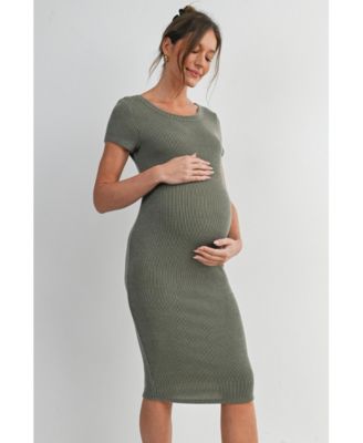Maternity Bodycon Ribbed Knit Short Sleeve Midi Dress