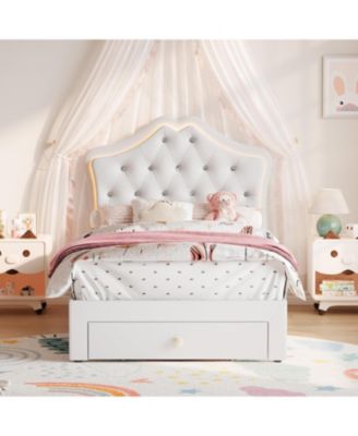 Twin Velvet Upholstered Platform LED Lights Crystal Button Headboard Storage Drawer Noise-Free No Box Spring