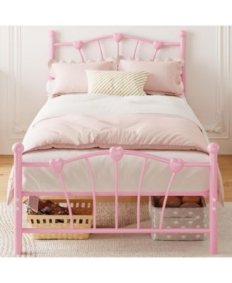 Metal Frame Platform Bed Iron-Art Heart Headboard Under Storage Footboard 600 Lbs Easy Assembly No Box