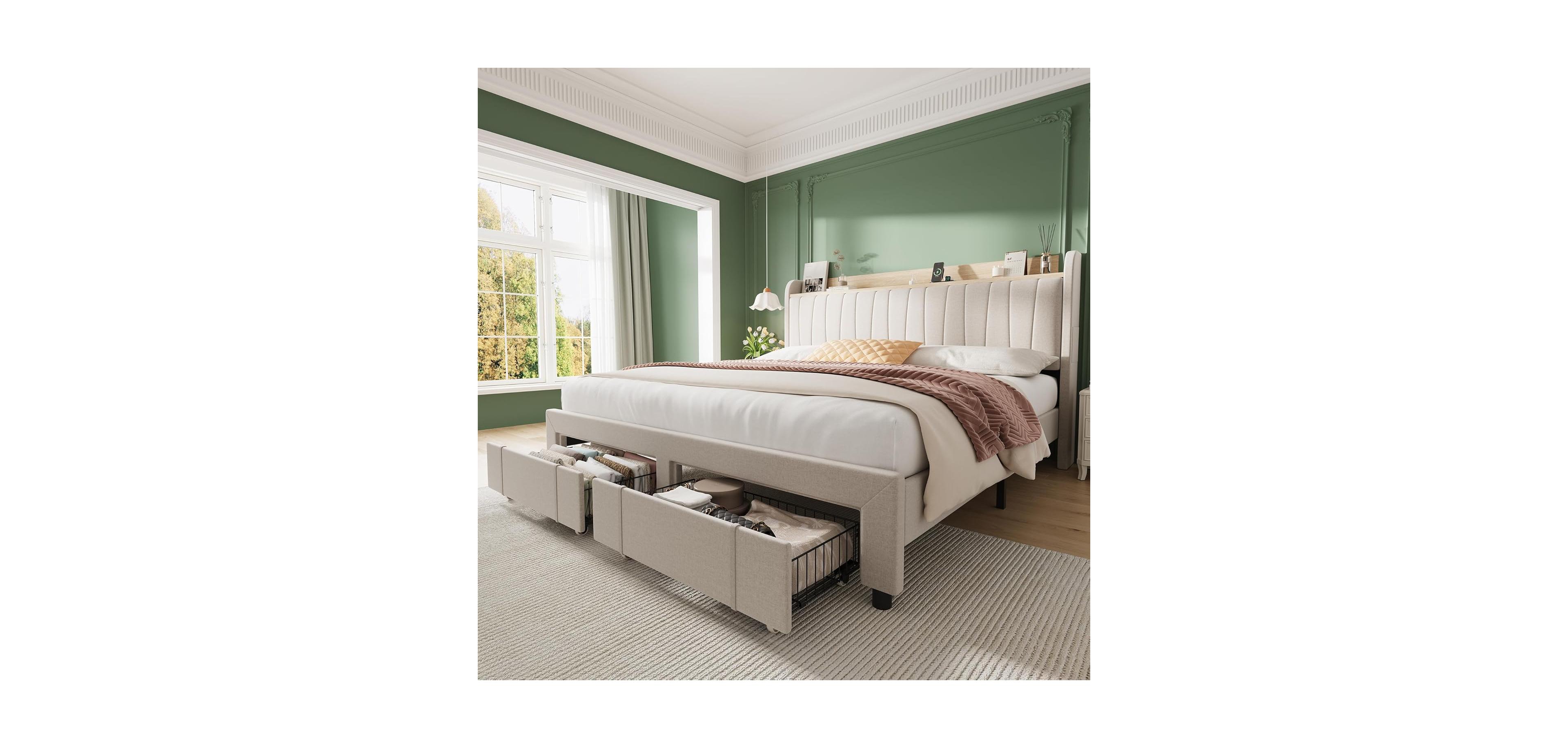 gaomon Bed Frame with Storage Headboard, Upholstered Platform Beds with Drawers, Charging Station, Noise-Free