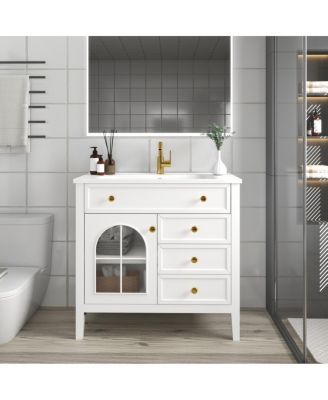 Bathroom Vanity with Sink, Medieval Glass Doors, Motion Sensor Lighting, Flip Drawer & Adjustable Storage for Modern Homes