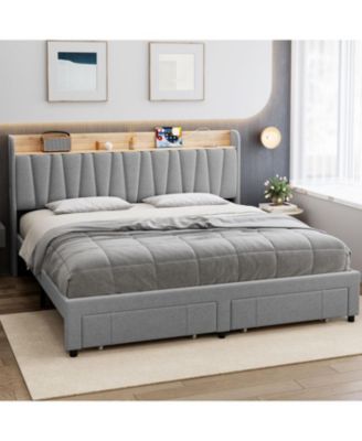 King Bed Frame Storage Headboard Upholstered Platform Drawers Charging Noise-Free No Box Spring