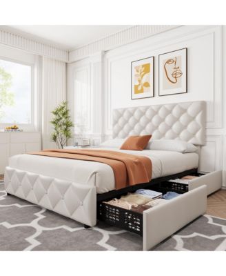 Upholstered Bed Frame with 4 Storage Drawers- Adjustable Diamond Tufted Headboard- No Box Spring Needed