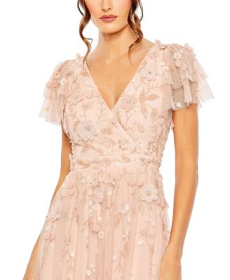Women's Ruffle Tiered Embellished Faux Wrap Flutter Sleeve Gown