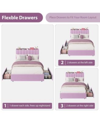 Full Boucle Upholstered Platform Bed Wavy Headboard Storage Bookcase 2 Drawers No Box Spring