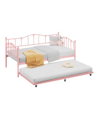 Metal Daybed Frame with Trundle Heart Design Noise Free Platform Sofa Bed Steel Slats Space-Saving.