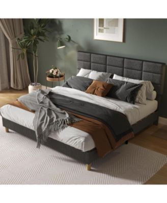 Platform Bed Frame with 12-Panel Padded Headboard, Linen Fabric, Wood Slats Support, No Box Spring Needed, Quiet Structure