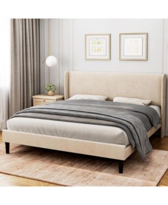 Wingback Bed Frame Vertical Stripe Velvet Upholstered 2 Storage Pockets Wood Slats Easy Assembly No Box Spring.