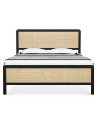 Queen Size Platform Bed Frame with Rattan Headboard and Footboard- Black Metal Frame- No Box Spring Needed- Noise-Free- Easy Assembly