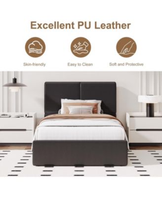 Upholstered Platform Bed Frame with 2 Storage Drawers, Faux Leather Low Profile Bed Base with Wood Slat Support, No Box Spring Needed