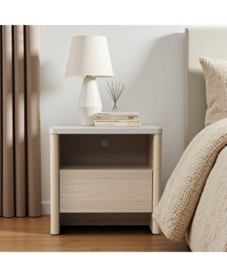 19.7" Snowy Oak Nightstand with Drawers, Modern Bedside Table with Faux Travertine Top