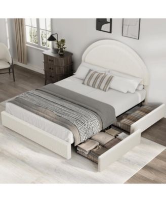 Queen Bed Frame Storage Drawers Upholstered Boucle Platform Round Headboard Heavy Duty Noise-Free No Box Spring