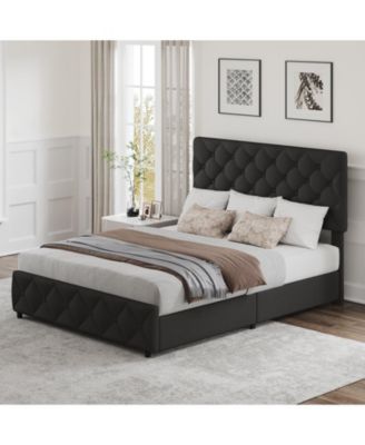Full Bed Frame Adjustable Headboard 4 Storage Drawers Linen Upholstered Platform Diamond Tufted No Box Spring