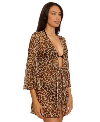 Women's Safari Leopard Mesh Tie-Front Cover-Up Tunic