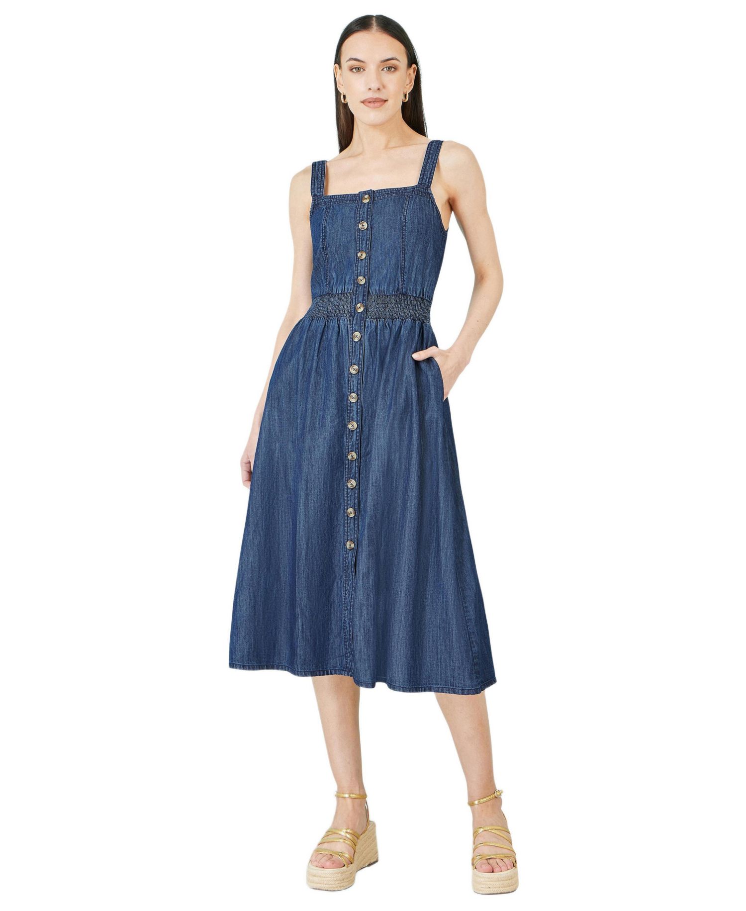 Women's Chambray Cotton Ruched Midi Sun Dress