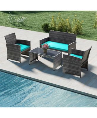 4PCS Patio Outdoor Conversation Set w/Seat Cushions and Tempered Glass Tabletop