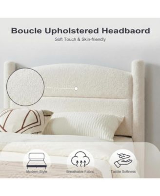 Cloud Bed Frame, Boucle Upholstered Platform Bed with Soft Round Headboard & Cylindrical Legs, Heavy Duty & Noise Free