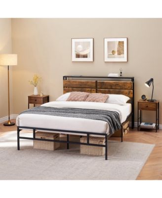  Industrial WoodandMetal Bed Frame- Storage Headboard Wooden Shelves No Box Spring Needed