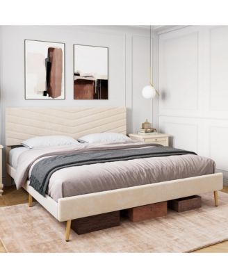 Bed Frame Velvet Upholstered Platform Adjustable Headboard Solid Wood Slats Support No Box Spring Easy Assembly Noise Free.
