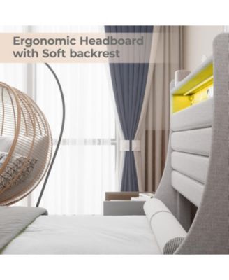 Queen Bed Frame Storage Headboard USB Charging LED Lights Noise Free Under Storage Easy Assembly No Box Spring