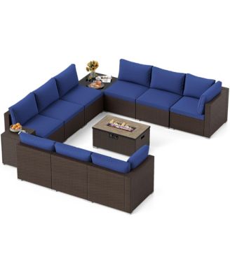 12 PCS Outdoor Patio Wicker Sectional Sofa Set w/ 32'' Propane Fire Pit Table Tank Holder