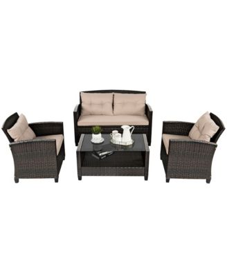 8pcs Patio Rattan Conversation Set Cushioned Outdoor Furniture Set