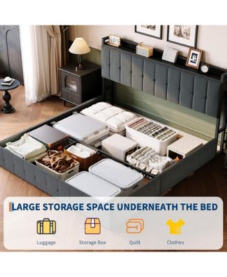 Bed Frame Lift-Up Storage Upholstered Velvet Tufted Headboard Metal Frame Wooden Slats No Box Spring