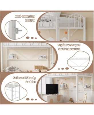 Twin Loft Bed-Heavy Duty Metal Frame-Arched Guardrail Safety Ladder-Space Saving Home Bedroom Furniture