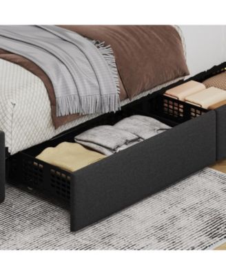 Upholstered Bed Frame with 4 Storage Drawers- Adjustable Headboard- Wooden Slat Support- No Box Spring Needed