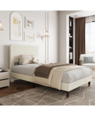 Upholstered Platform Bed Fabric Headboard Wooden Metal Slats Noise-Free Easy Assembly No Box Spring.