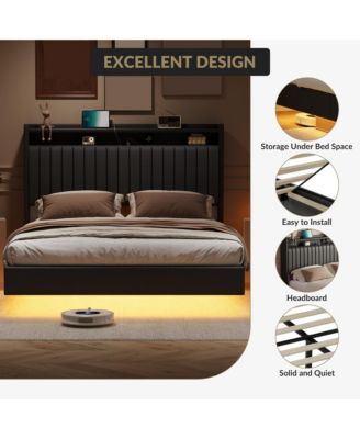 Floating Bed Frame Queen RGB LED Lights Charging Station 50” Leather Headboard Upholstered Storage No Box