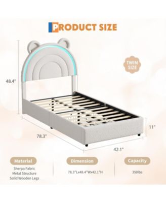 Princess Bed Frame with 4 Storage Drawers LED Lights Velvet Upholstered Rainbow Headboard Solid Wood Slats No Box Spring Needed