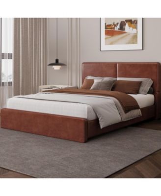 Upholstered Platform Bed Frame with 2 Storage Drawers, Faux Leather Low Profile Bed Base with Wood Slat Support