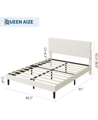 Queen Size Bed Frame with USB Charging Station, Corduroy Upholstered Platform Bed Frame with Adjustable Storage Headboard, Wooden Slats Support