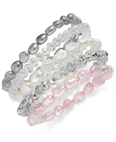 5-Pc. Set Multicolor Cultured Freshwater Pearl Baroque (7-8mm) and Crystal Rondel Stretch Bracelets