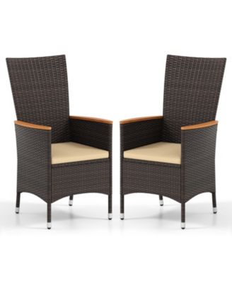 Patio Rattan Chairs 2 PCS w/High Backrest and Acacia Wood Armrests Cushion