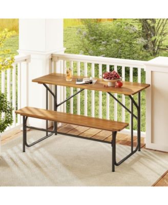 Patio Table Bench Set for 2 Picnic Table & Loveseat w/Acacia Wood Top Metal Legs