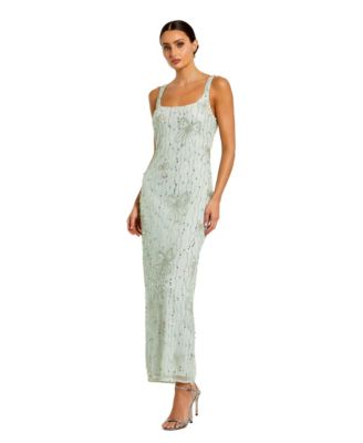 Women's Beaded Mesh Scoop Neck Fitted Gown With Bows