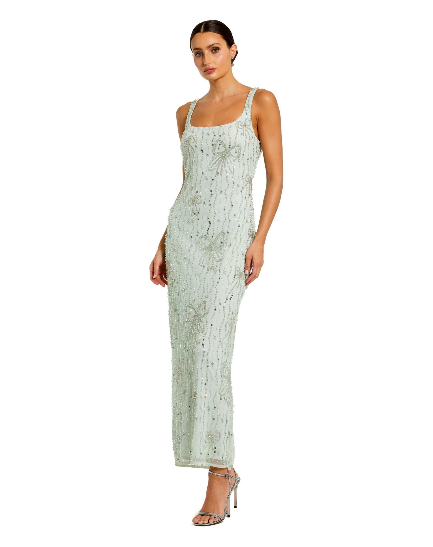 Women's Beaded Mesh Scoop Neck Fitted Gown With Bows